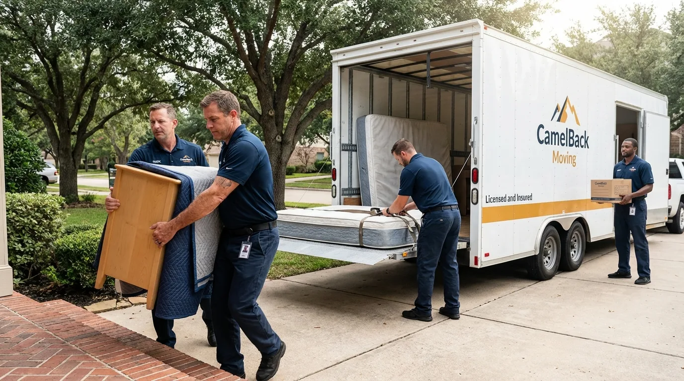 Crew loading residential truck for cross-state move from Stoughton, WI