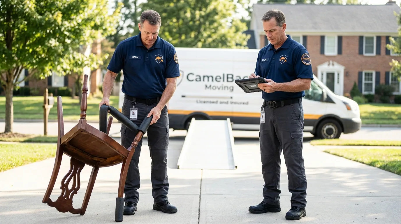 Movers inspecting furniture for damage prevention before loading in Stoughton, WI