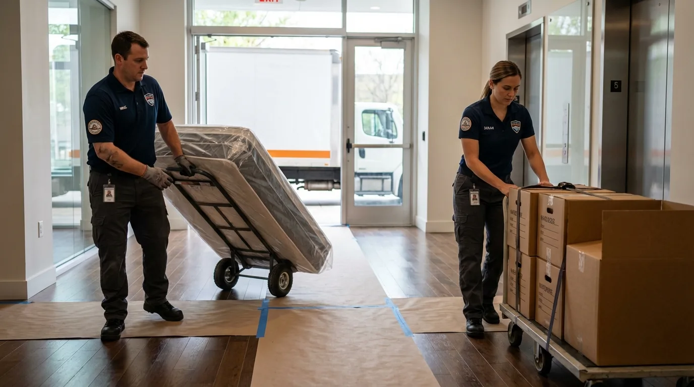 Professional apartment movers loading elevator in Stoughton, WI