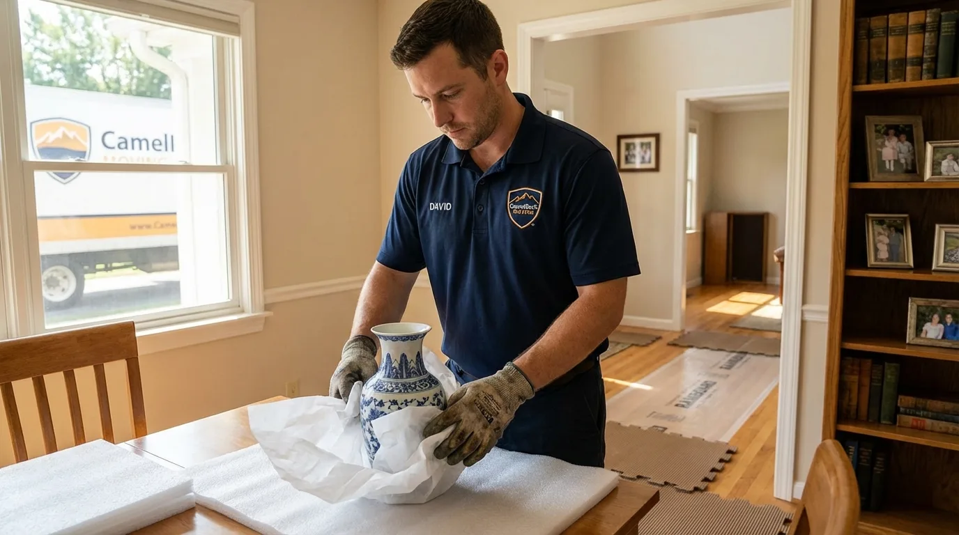 Professional crew carefully wrapping antique vase for senior downsizing move in Stoughton, WI