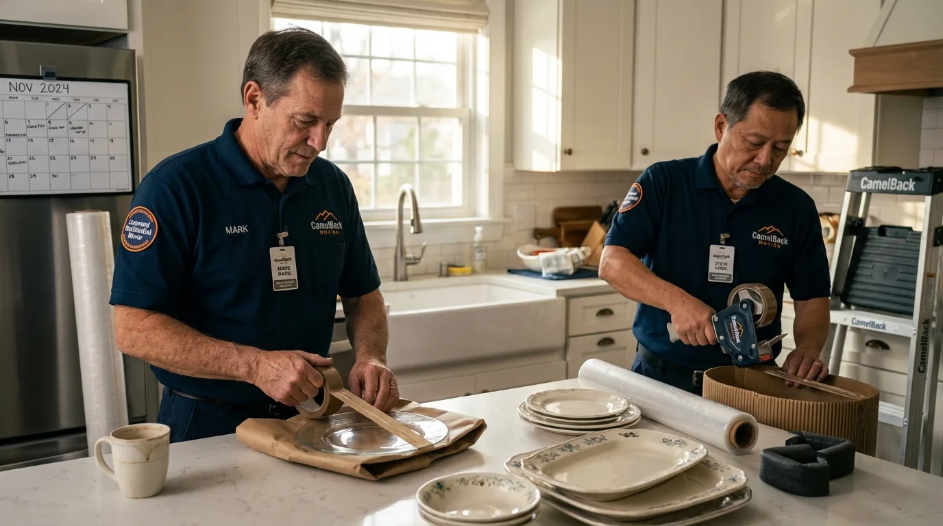 Professional crew packing kitchen dishware in Stoughton, WI